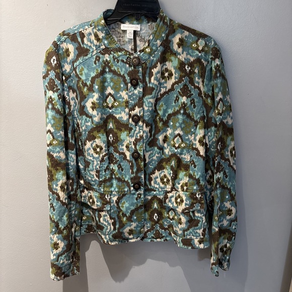 Charter Club Jackets & Blazers - Charter Club Women's Brown Teal Ikat-style Linen Suit Jacket Size XL Office